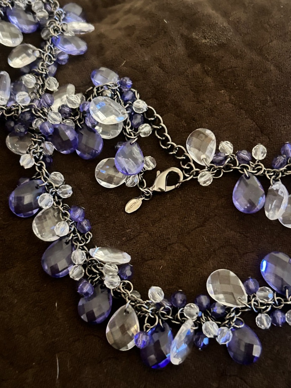 CHICOS LONG Teardrop Crystal Statement Necklace - Purple & Clear